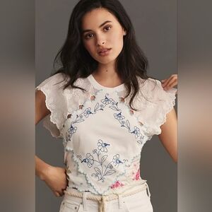 Anthropologie Floral Embroidered White Lace Top Size Small
